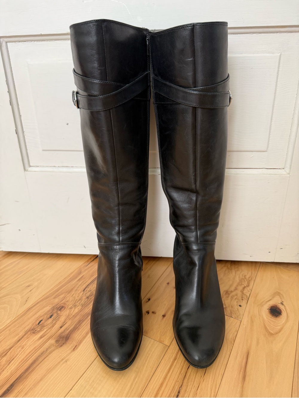 Ecco Black Tall Leather Boots with Strap Detail size 10